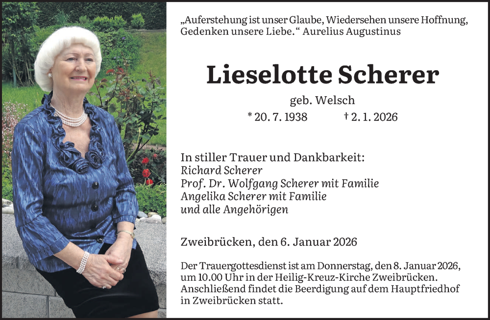  Traueranzeige für Lieselotte Scherer vom 06.01.2026 aus saarbruecker_zeitung