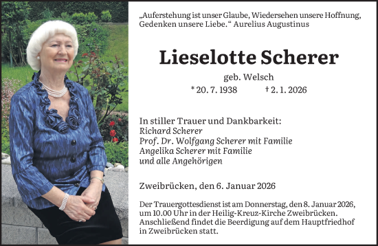 Traueranzeige von Lieselotte Scherer von saarbruecker_zeitung