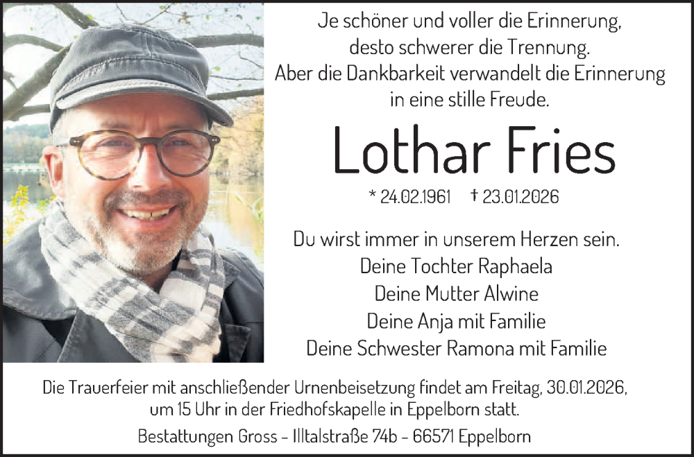  Traueranzeige für Lothar Fries vom 28.01.2026 aus saarbruecker_zeitung