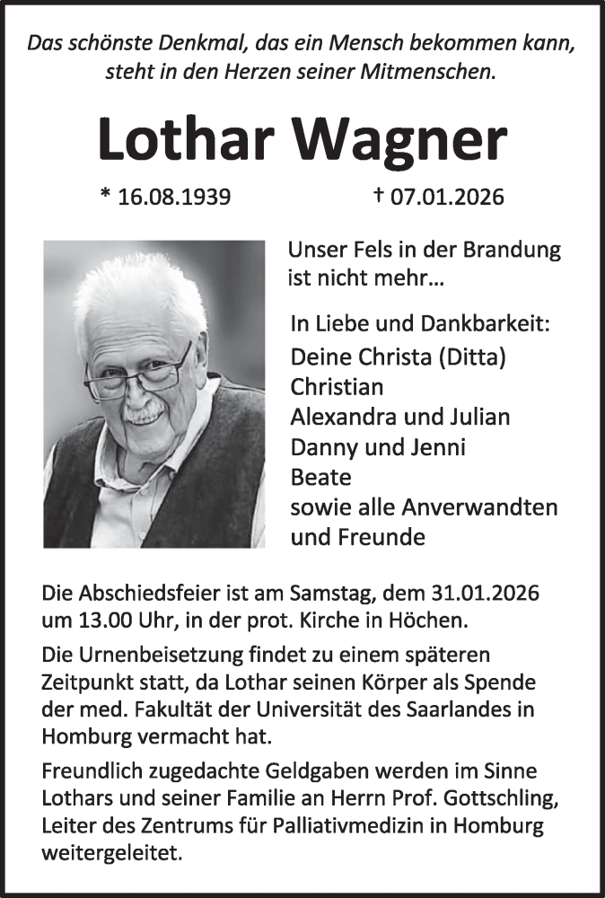  Traueranzeige für Lothar Wagner vom 24.01.2026 aus saarbruecker_zeitung