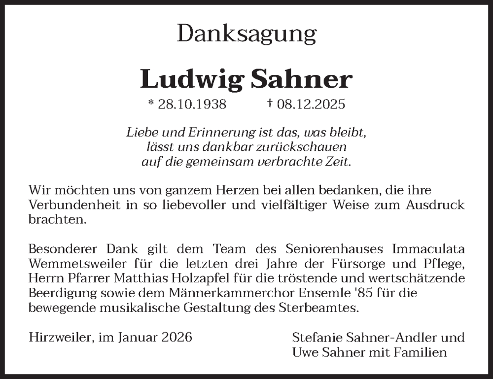  Traueranzeige für Ludwig Sahner vom 17.01.2026 aus saarbruecker_zeitung