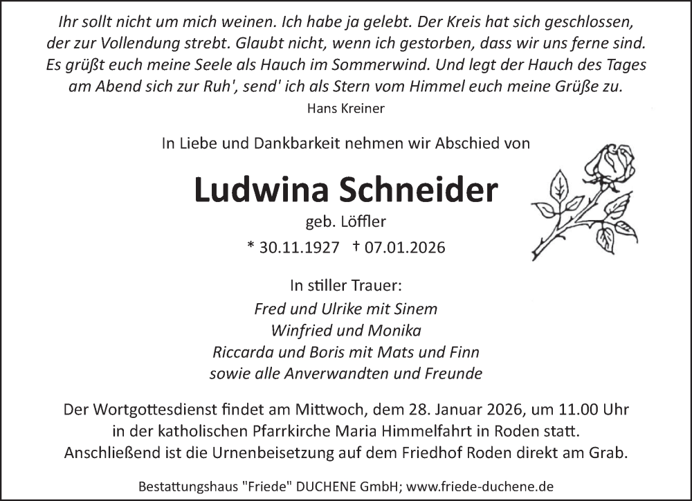  Traueranzeige für Ludwina Schneider vom 17.01.2026 aus saarbruecker_zeitung