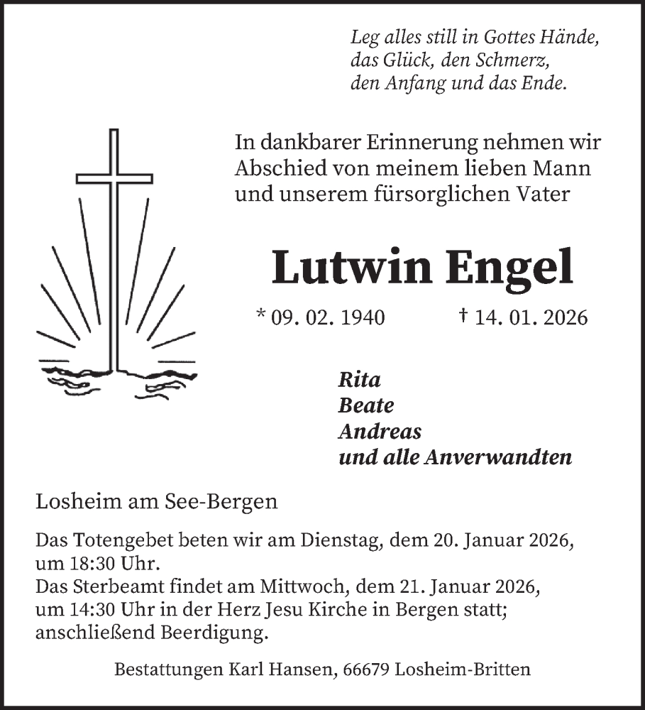 Traueranzeige für Lutwin Engel vom 17.01.2026 aus saarbruecker_zeitung