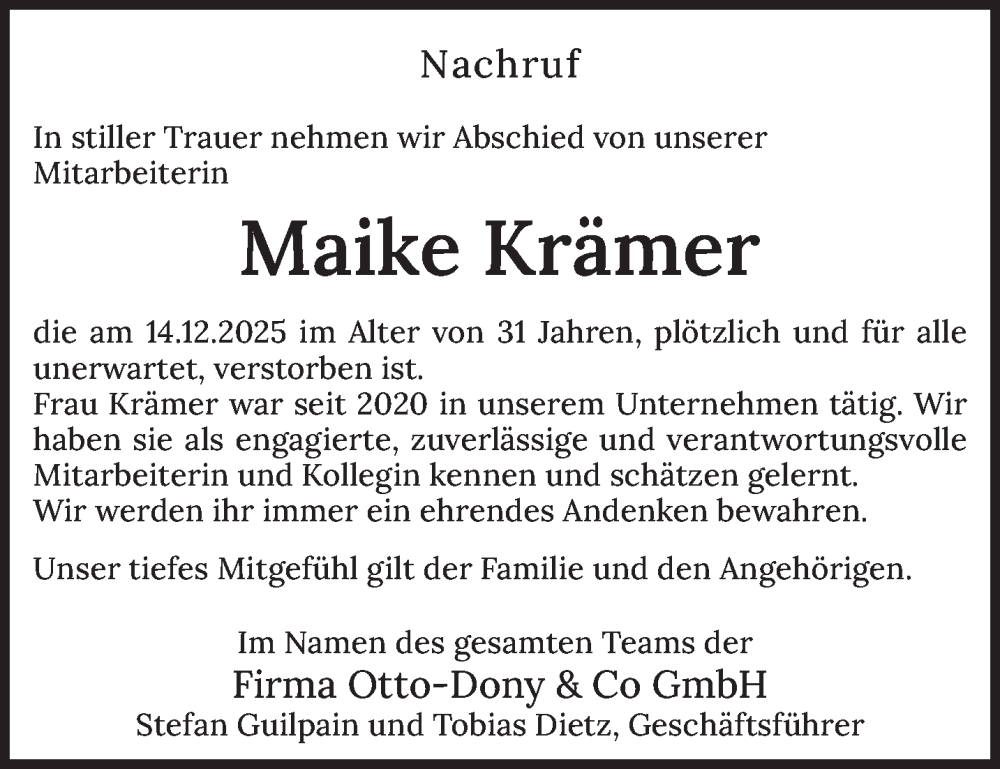  Traueranzeige für Maike Krämer vom 24.01.2026 aus saarbruecker_zeitung