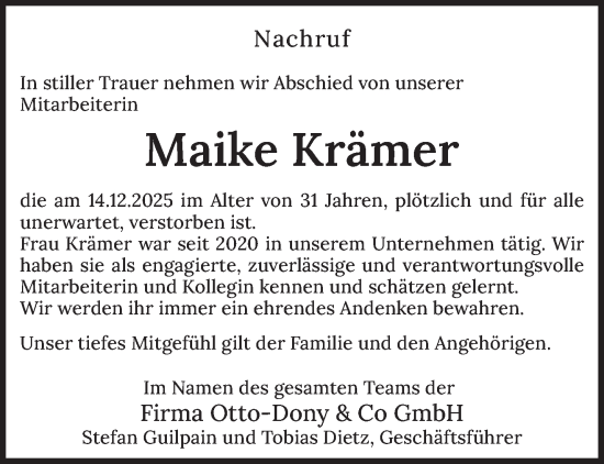Traueranzeige von Maike Krämer von saarbruecker_zeitung