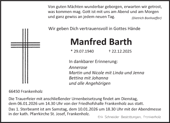 Traueranzeige von Manfred Barth von saarbruecker_zeitung