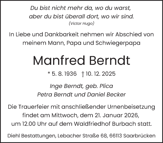 Traueranzeige von Manfred Berndt von saarbruecker_zeitung