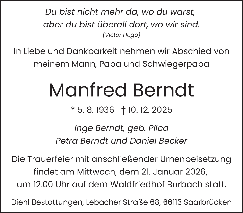  Traueranzeige für Manfred Berndt vom 10.01.2026 aus saarbruecker_zeitung