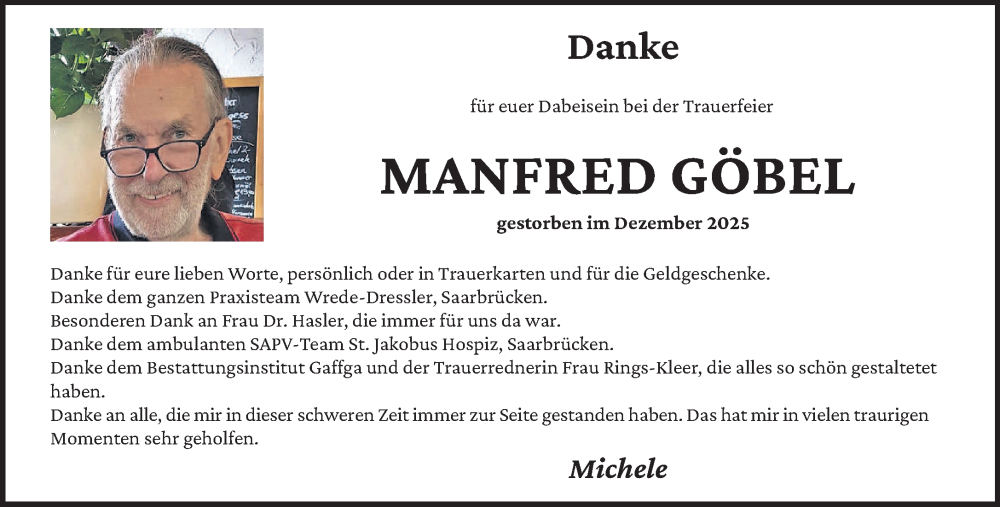  Traueranzeige für Manfred Göbel vom 10.01.2026 aus saarbruecker_zeitung