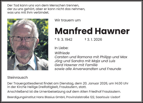Traueranzeige von Manfred Hawner von saarbruecker_zeitung