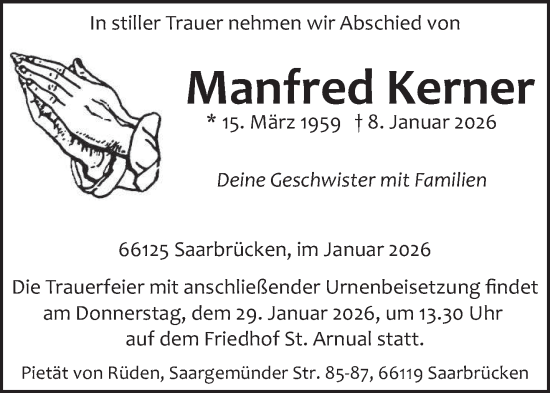 Traueranzeige von Manfred Kerner von saarbruecker_zeitung
