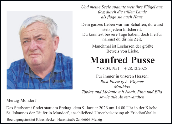 Traueranzeige von Manfred Pusse von saarbruecker_zeitung