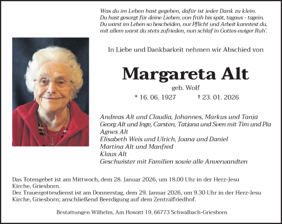 Traueranzeige von Margareta Alt von saarbruecker_zeitung