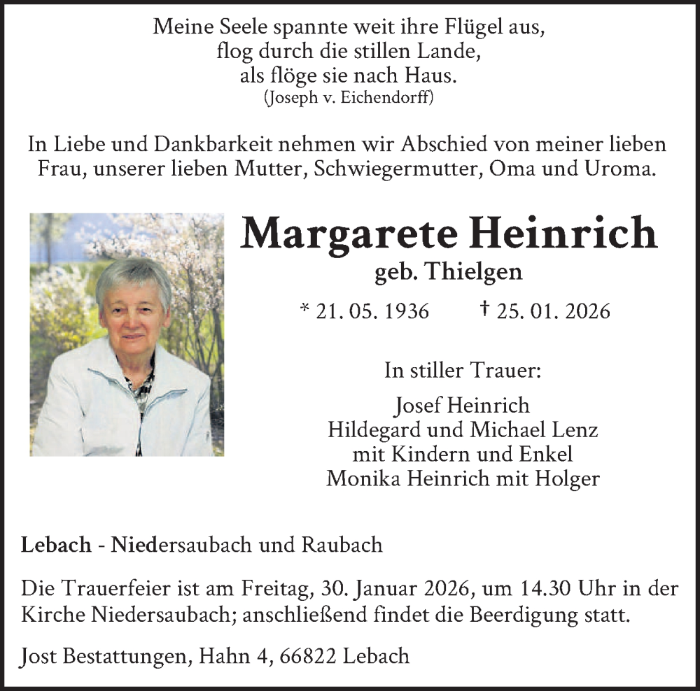  Traueranzeige für Margarete Heinrich vom 28.01.2026 aus saarbruecker_zeitung