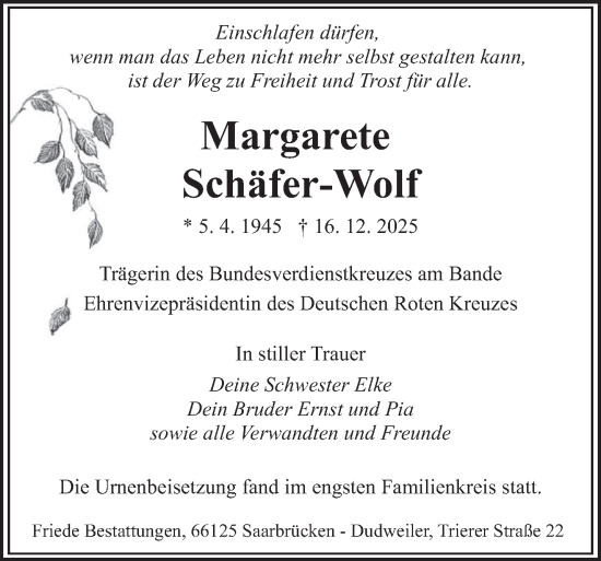 Traueranzeige von Margarete Schäfer-Wolf von saarbruecker_zeitung