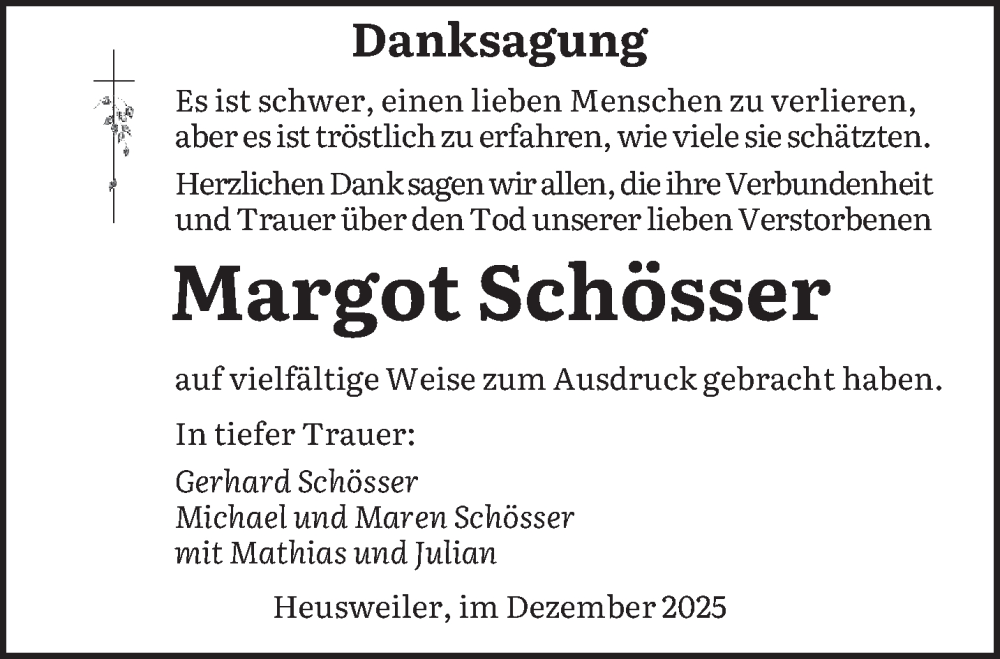  Traueranzeige für Margot Schösser vom 03.01.2026 aus saarbruecker_zeitung