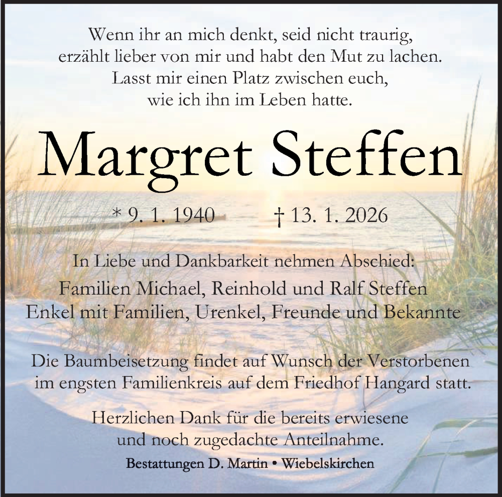  Traueranzeige für Margret Steffen vom 17.01.2026 aus saarbruecker_zeitung