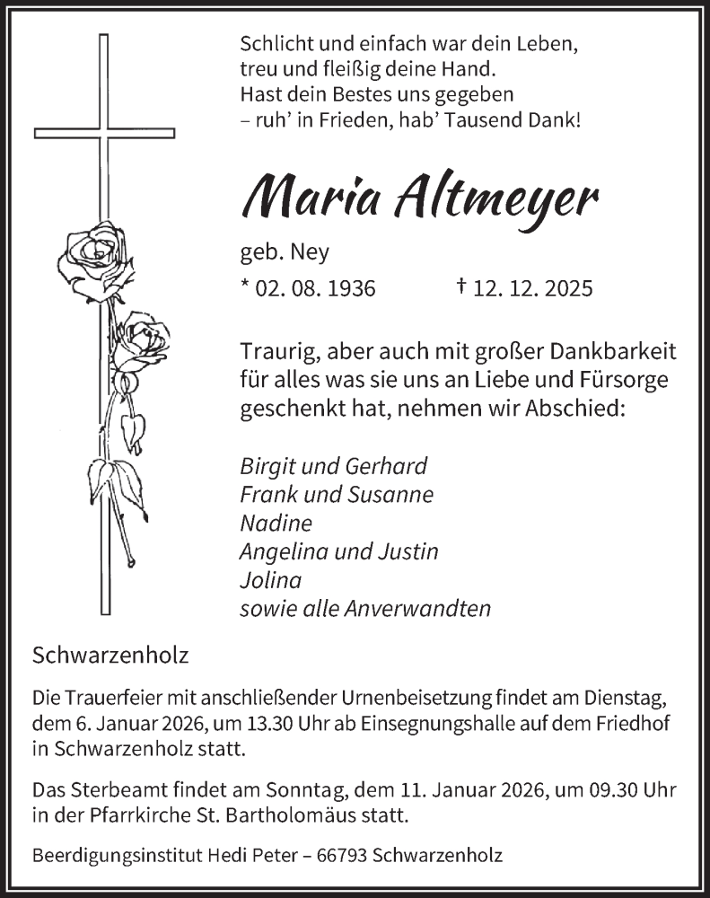  Traueranzeige für Maria Altmeyer vom 31.12.2025 aus saarbruecker_zeitung