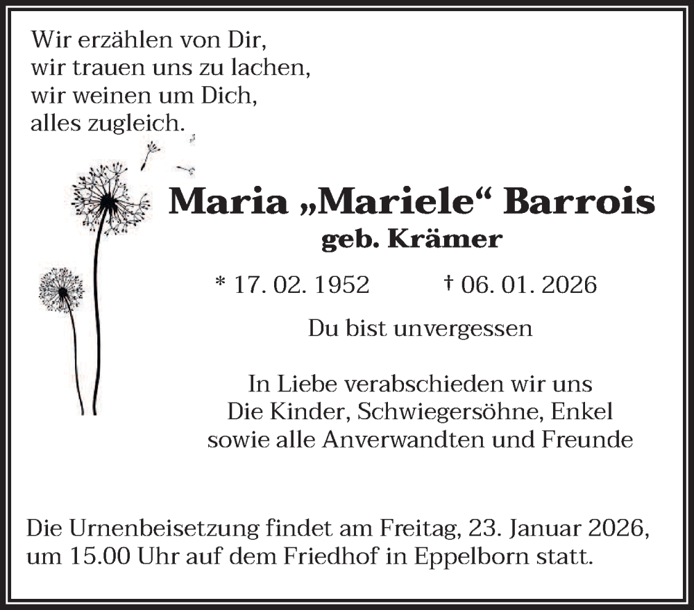  Traueranzeige für Maria Barrois vom 17.01.2026 aus saarbruecker_zeitung