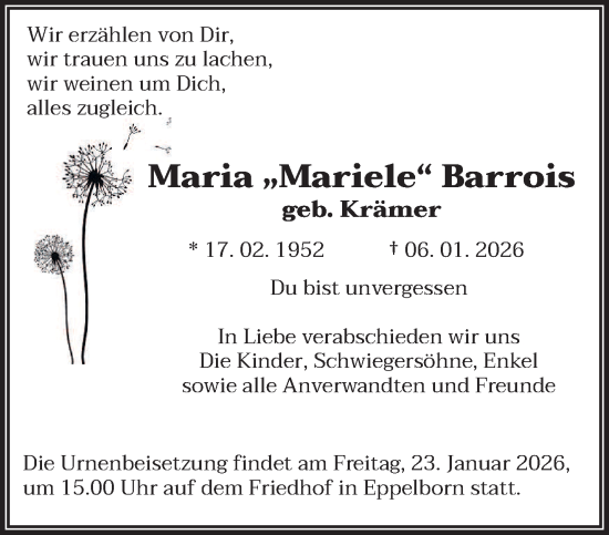 Traueranzeige von Maria Barrois von saarbruecker_zeitung