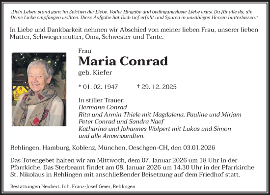 Traueranzeige von Maria Conrad von saarbruecker_zeitung