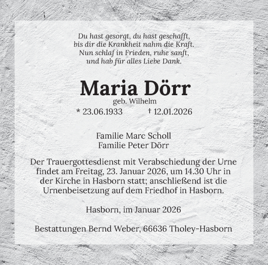 Traueranzeige von Maria Dörr von saarbruecker_zeitung