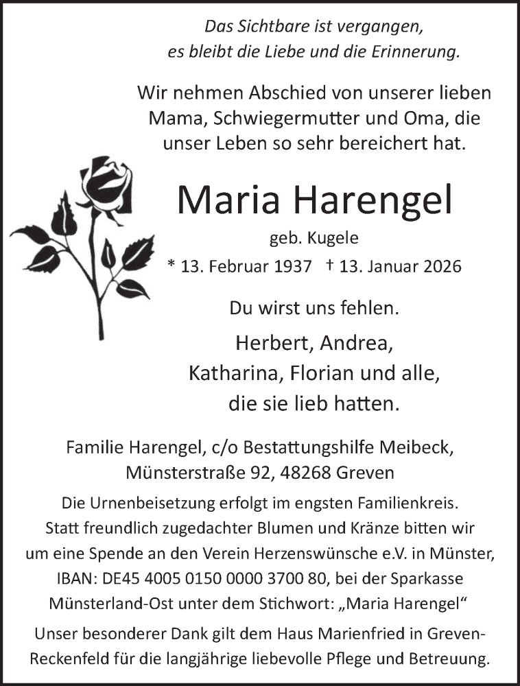  Traueranzeige für Maria Harengel vom 17.01.2026 aus saarbruecker_zeitung