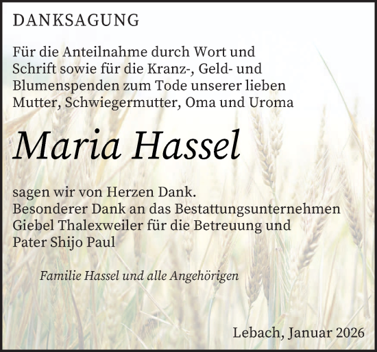 Traueranzeige von Maria Hassel von saarbruecker_zeitung