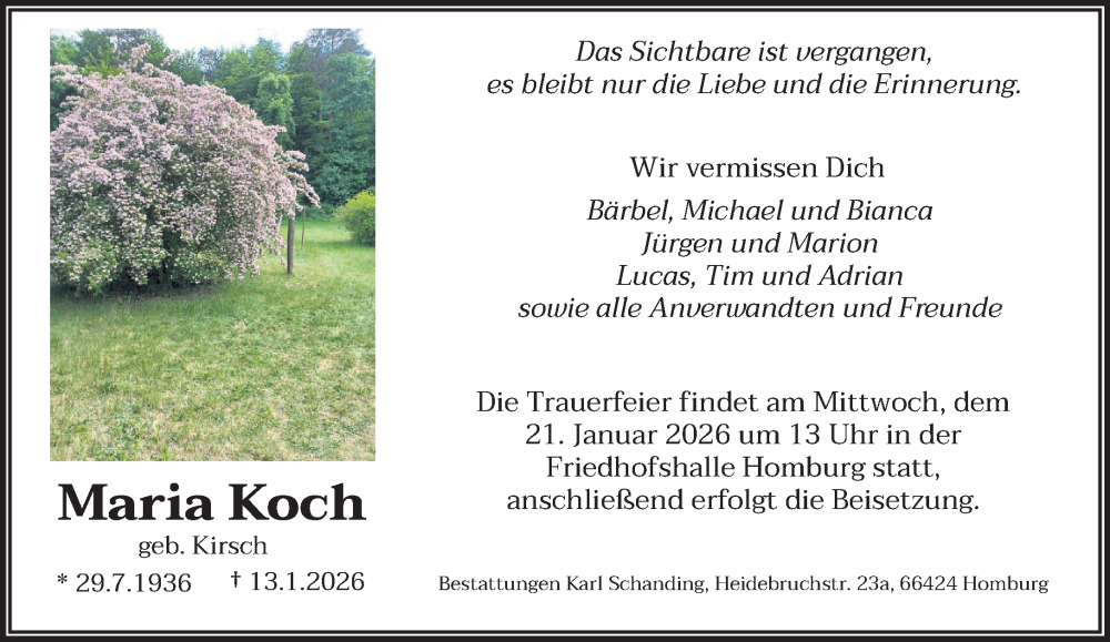  Traueranzeige für Maria Koch vom 16.01.2026 aus saarbruecker_zeitung