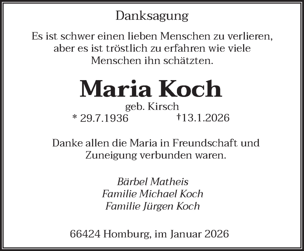  Traueranzeige für Maria Koch vom 30.01.2026 aus saarbruecker_zeitung