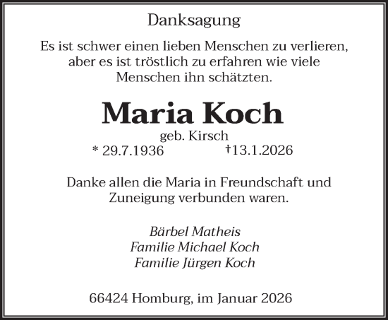 Traueranzeige von Maria Koch von saarbruecker_zeitung