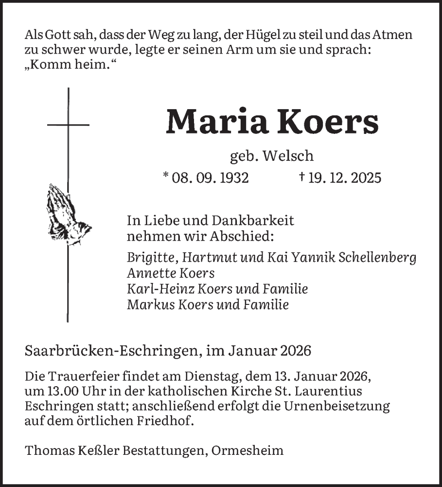  Traueranzeige für Maria Koers vom 10.01.2026 aus saarbruecker_zeitung
