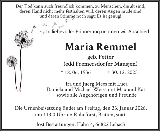 Traueranzeige von Maria Remmel von saarbruecker_zeitung