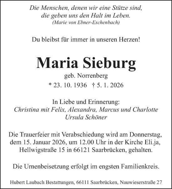 Traueranzeige von Maria Sieburg von saarbruecker_zeitung