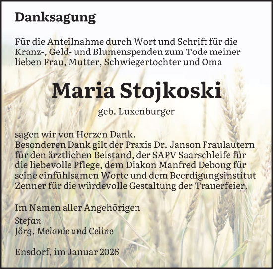 Traueranzeige von Maria Stojkoski von saarbruecker_zeitung