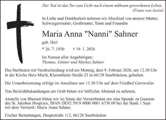 Traueranzeige von Maria Anna Sahner von saarbruecker_zeitung