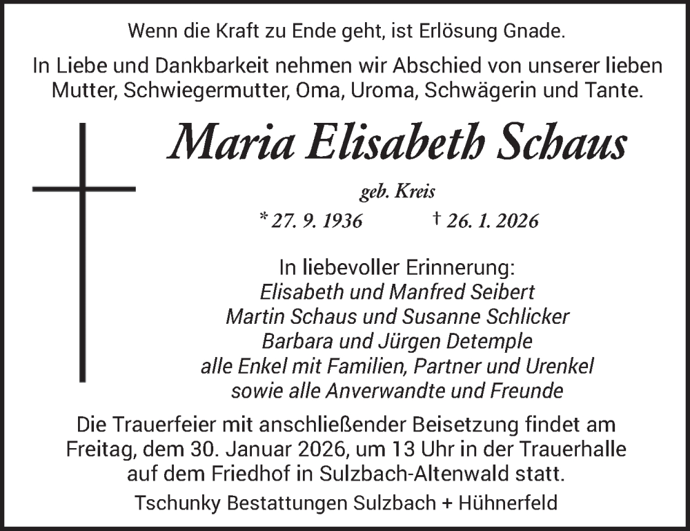  Traueranzeige für Maria Elisabeth Schaus vom 29.01.2026 aus saarbruecker_zeitung