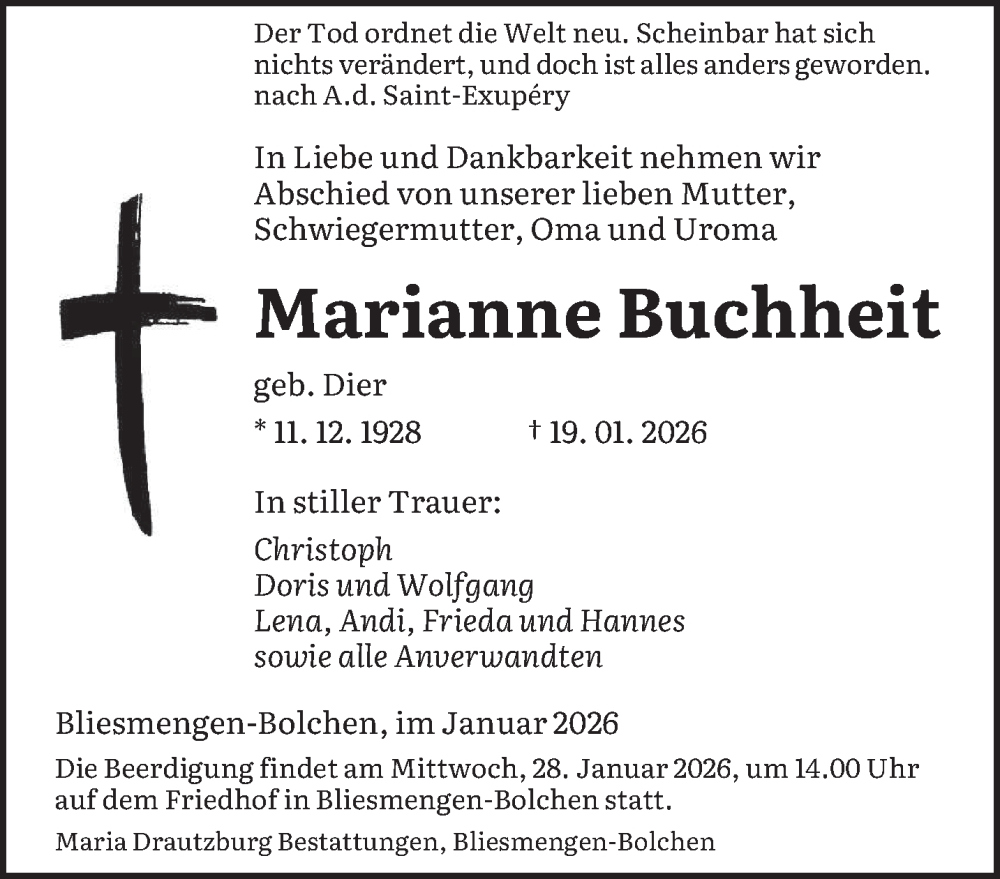  Traueranzeige für Marianne Buchheit vom 24.01.2026 aus saarbruecker_zeitung