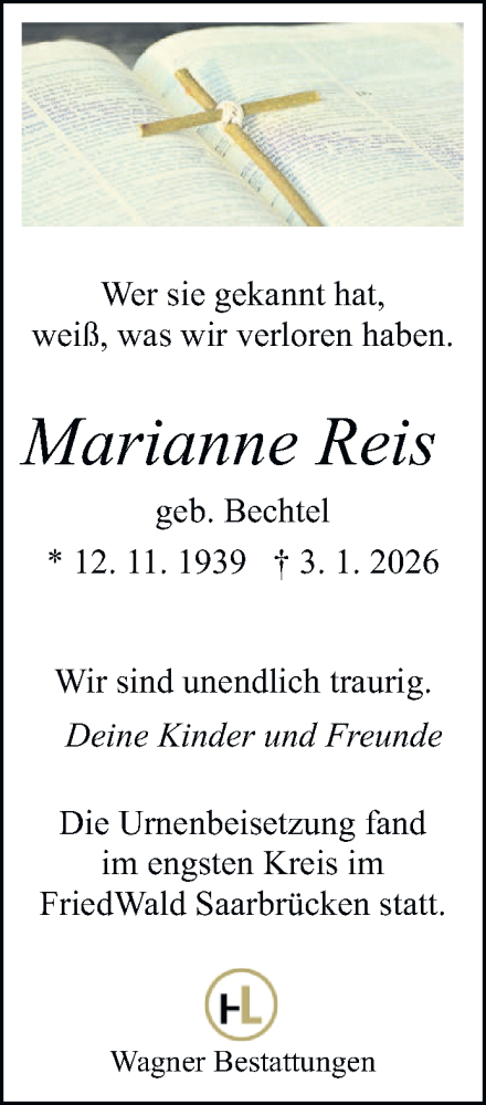  Traueranzeige für Marianne Reis vom 24.01.2026 aus saarbruecker_zeitung
