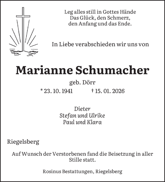Traueranzeige von Marianne Schumacher von saarbruecker_zeitung