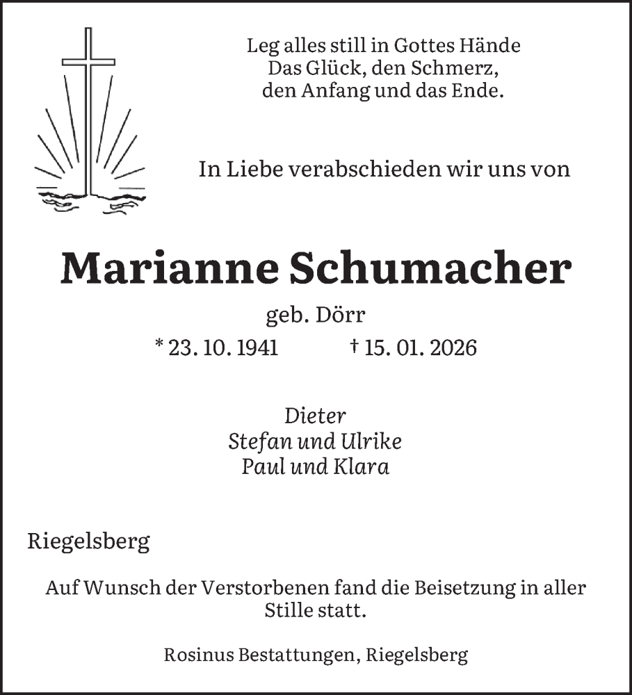  Traueranzeige für Marianne Schumacher vom 24.01.2026 aus saarbruecker_zeitung
