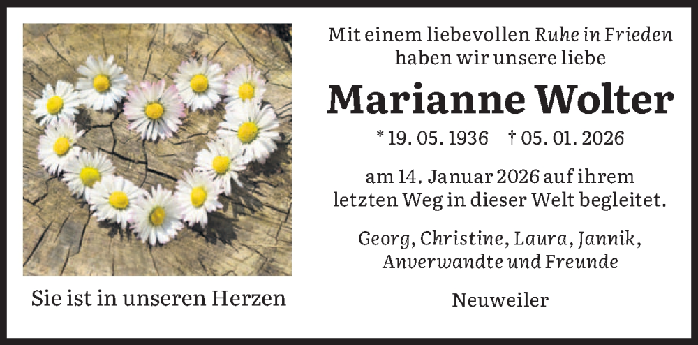  Traueranzeige für Marianne Wolter vom 24.01.2026 aus saarbruecker_zeitung