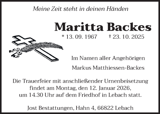 Traueranzeige von Maritta Backes von saarbruecker_zeitung