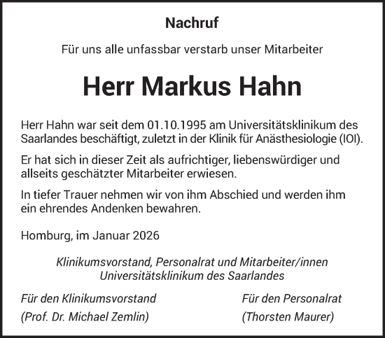 Traueranzeige von Markus Hahn von saarbruecker_zeitung