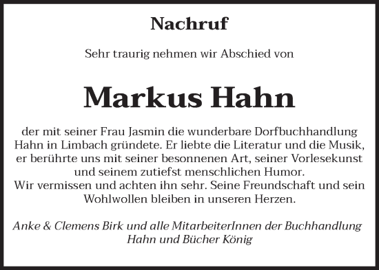 Traueranzeige von Markus Hahn von saarbruecker_zeitung