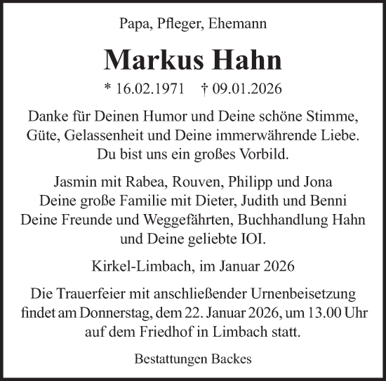Traueranzeige von Markus Hahn von saarbruecker_zeitung