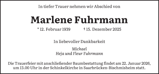Traueranzeige von Marlene Fuhrmann von saarbruecker_zeitung
