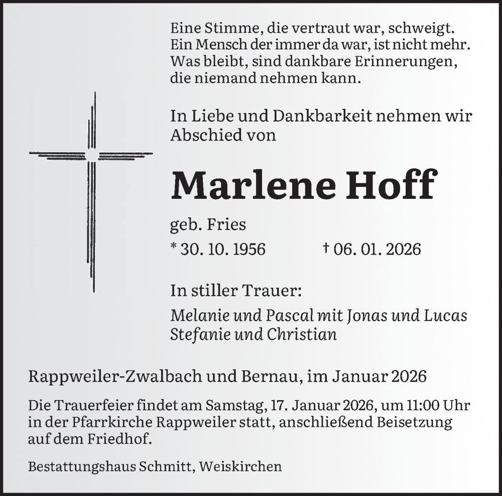  Traueranzeige für Marlene Hoff vom 10.01.2026 aus saarbruecker_zeitung