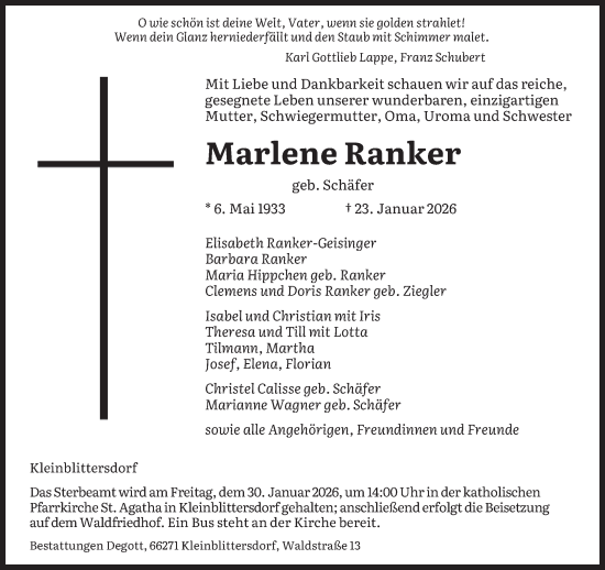 Traueranzeige von Marlene Ranker von saarbruecker_zeitung