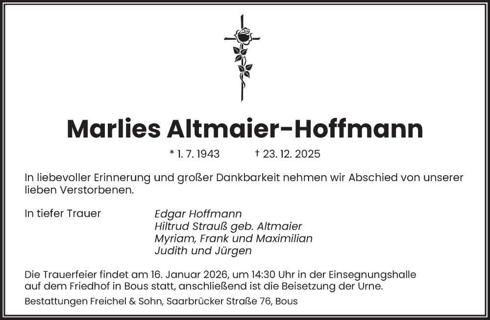  Traueranzeige für Marlies Altmaier-Hoffmann vom 10.01.2026 aus saarbruecker_zeitung